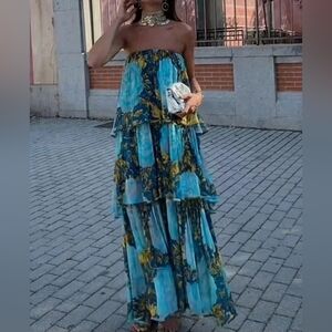 NWT ZARA $169 Strapless Dress ZW Collection Blue/yellow 3001/119 Sz XS, S, M, L